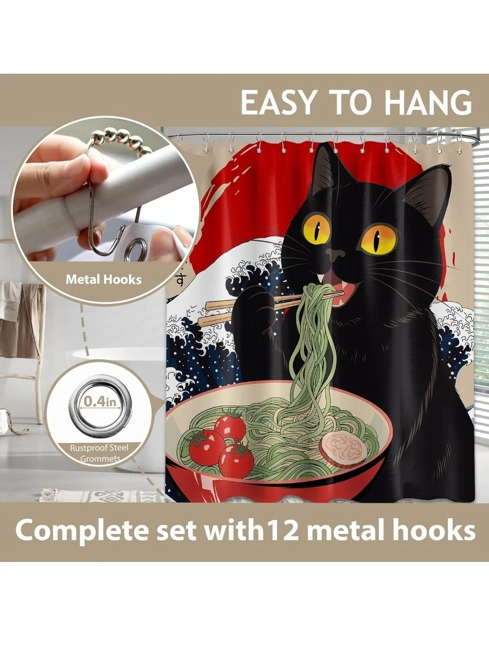 Black Cat Ramen Shower Curtain - Playful Bathroom Decor